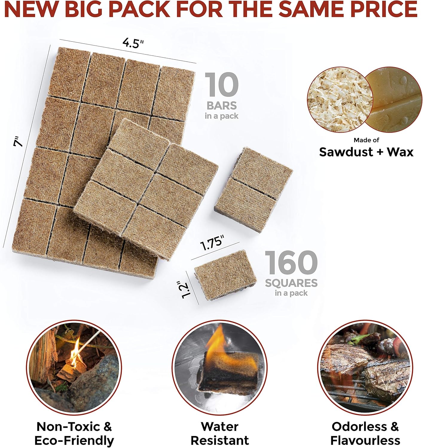 Fire Starters BIG PACK 160 Squares Charcoal Starter for Grills, Campfire, Fireplace, Firepits, Smokers.No flare ups & flavor. FireStarter for wood & pellet stove.Waterproof robust squares : Garden & Outdoor