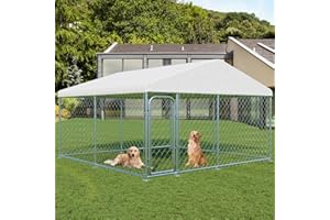 LOTFUN Outdoor Large Dog Kennel 10 x 10 FT, Heavy Duty Dog Enclosure with UV & Rain-Proof Fully Covered Roof, Rustproof Metal Mesh, Double Security Locks