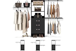 Armocity 96 Inches Closet System, 8FT Walk In Closet Organizer with 3 Shelving Towers, Heavy Duty Clothes Rack with 3 Drawers, Built-In Garment Rack, 96" L x 16" W x 75" H, Max Load 1000 LBS, Black