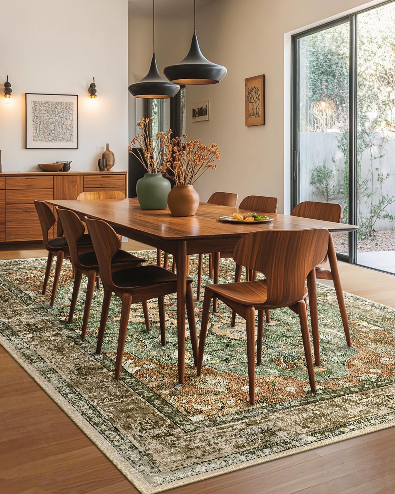 RELEANY Area Rugs 8'x10' Washable Non-Slip, Floral Vintage Distress Print Pattern Medallion Carpet for Living Room Bedroom Dining Room, Brick Red Rust Neutral Brown Burnt Orange Green