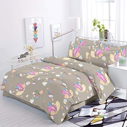 Trance Home Linen 100% Cotton 200TC Premium Printed King Double Fitted Bedsheet with2 Pillow Covers- Grey Pink Floral
