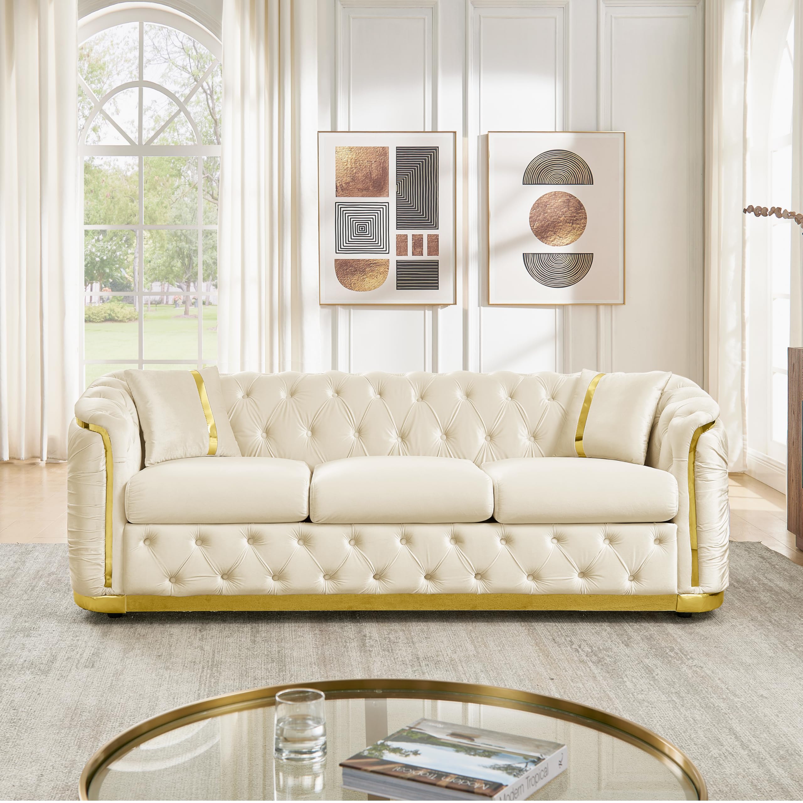 Photo 1 of **BOX 1 OF 2** KEIKI 85" Luxury Oversized Velvet Chesterfield Sofa with 2 Pillow & Gold Stainless Decoration, Italian Modern Style 3-Seater Button Tufted Couch with Rolled Arms, Easy Assembly, for Living Room, Beige