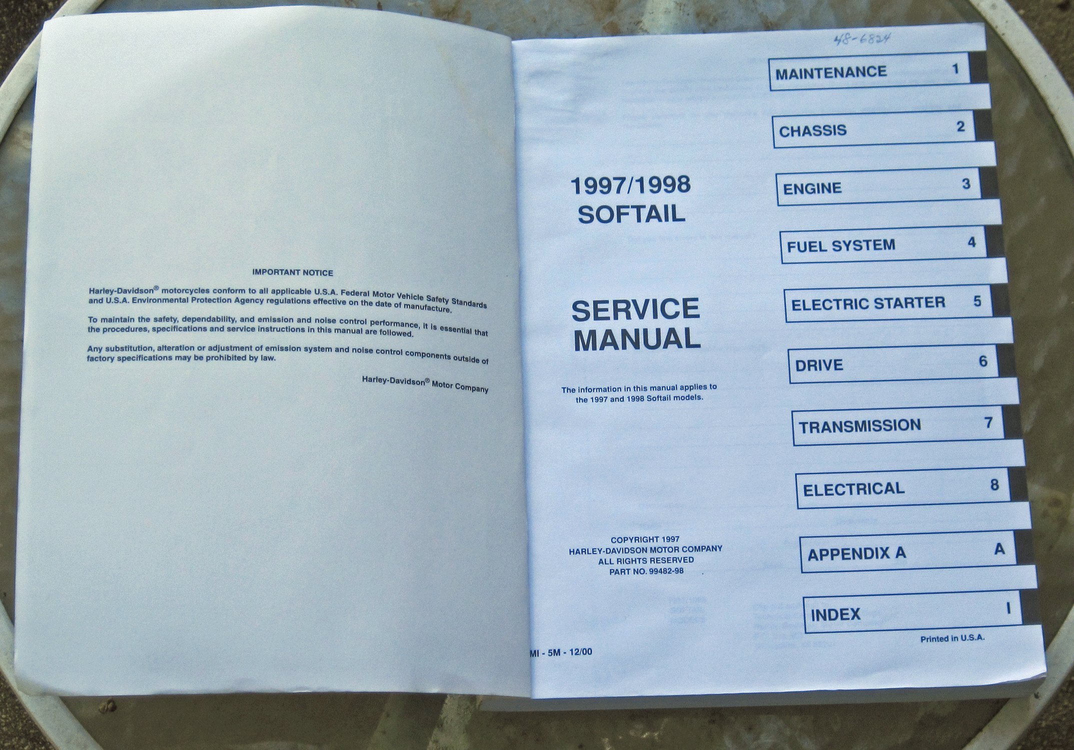 Harley-Davidson Motor Company Service Manual Softail Models 1997 1998.  Official Factory Manual PN99482-98: N/a: Amazon.com: Books