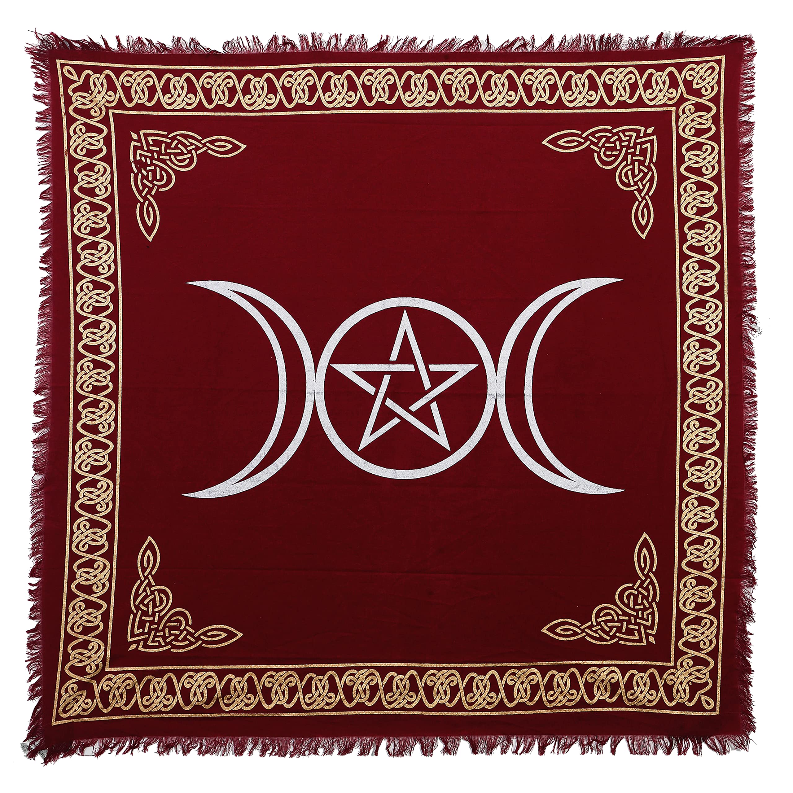 Indian Consigners Triple Moon Altar Cloth Red Cotton Wiccan Cloth with Pentagram & Celtic Knots – Witchcraft Pagan Ritual Table Cover – 18" Square