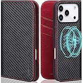 VISOUL Wallet Case for iPhone 17 Pro, Carbon Fiber Leather Wallet Magnetic Cover with RFID Blocking Card Holder Kickstand Flip Folio Case Compatible with iPhone 17 Pro (6.3-inch)-Black+Red
