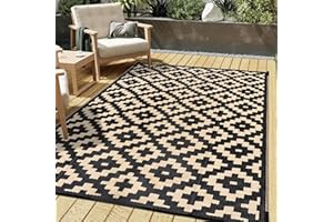 HUGEAR Outdoor Plastic Straw Rug, Waterproof Mat, Washable Large Floor Mat and Rug for Outdoors, RV, Beach, Patio, Camping, Backyard, Deck, Picnic,Indoor Outside (5x8ft,Geometry/Black&Beige)
