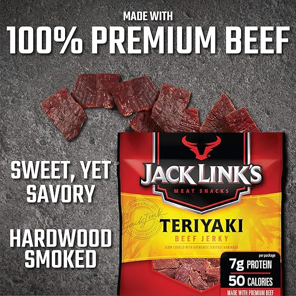 JACK LINK’S TERIYAKI BEEF JERKY MULTIPACK – (5 PACK) 0.625 OZ BAGS – READY TO EAT REAL MEAT PROTEIN SNACKS – 7G PROTEIN PER SERVING – MADE WITH 100% REAL BEEF