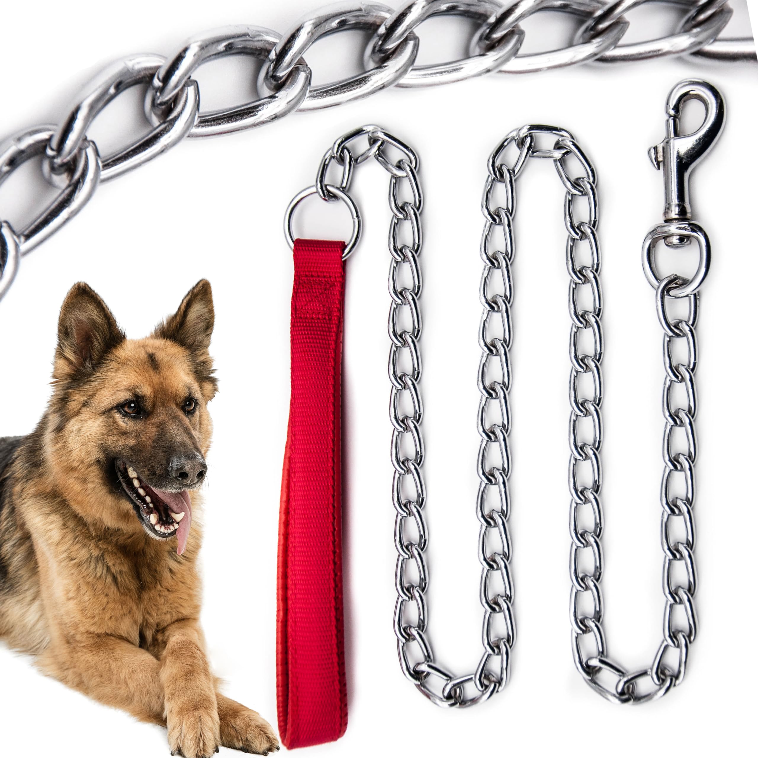 4ft Long – Heavy Duty DOG CHAIN – 4mm Thick Lead with STRAP – Chew Proof Leashes for Dogs – Outdoor Use, Camping Accessories, Walking Leash, Puppy Training Leads (Red)