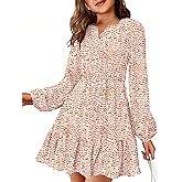 HOSIKA Girls Fall Floral Dress Long Sleeve V Neck Elastic Waist Pleated Holiday Party Midi Dresses for 6-12 Years