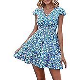PRETTYGARDEN Womens Summer Dresses Boho V Neck Floral Print Ruffle Sleeve Layered Mini Dress Cute Smocked Waist Short Dress