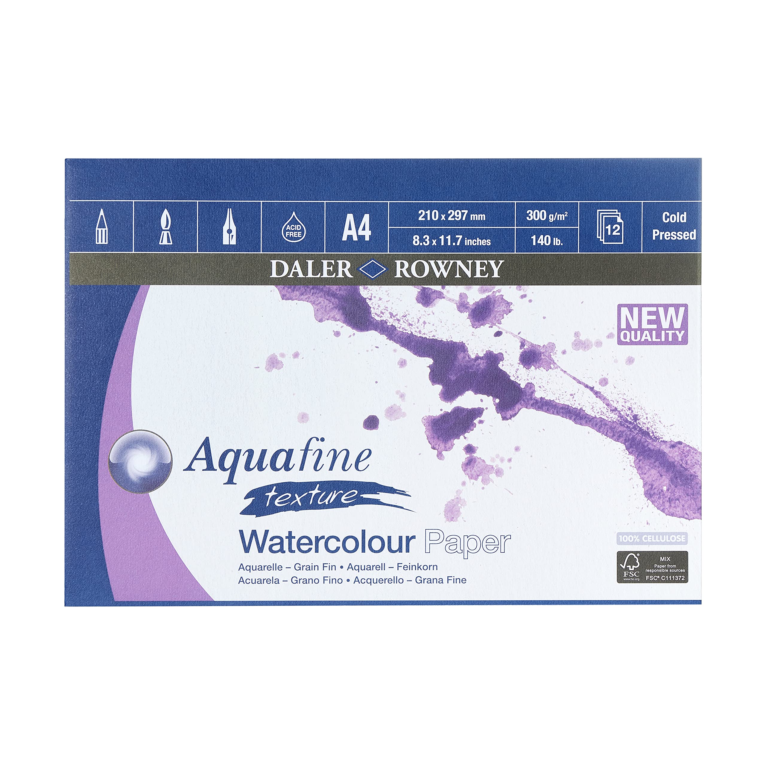 Daler Rowney GDAAGPA4 Aquafine aquarelle artists watercolour pad A4 12 sheets 300gsm NOT surface, White — image 1