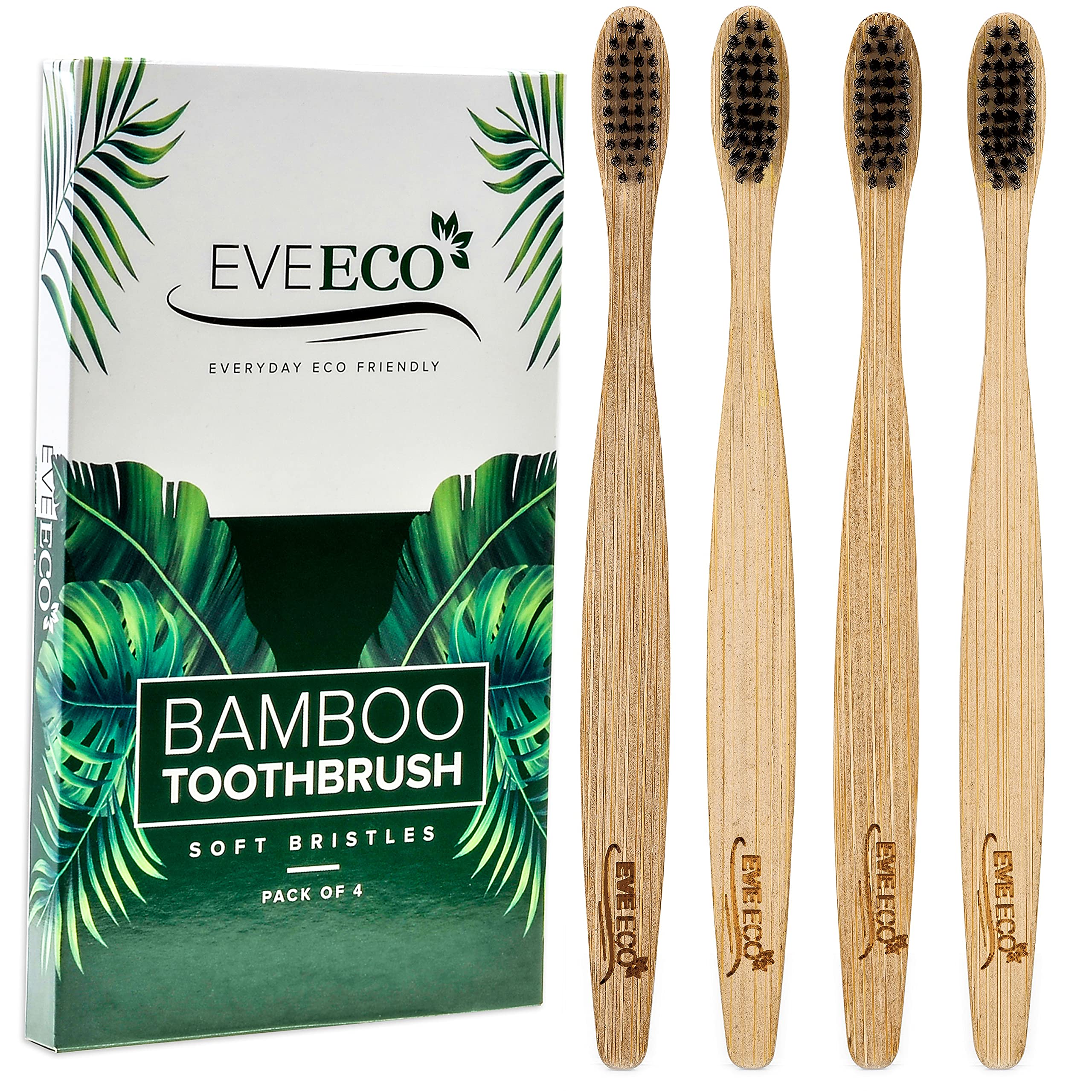 Photo 1 of EveEco 4 Count I Bamboo Toothbrush I Soft Bristles Best for Sensitive Gums I Charcoal I Vegan I Natural Wood I BPA Fee I Recyclable I Compostable I Biodegradable | Environmentally Friendly