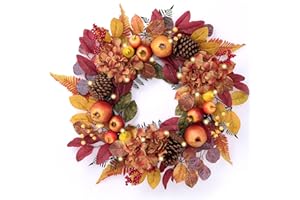 DECOR BY HANNAH Decorbyhannah Collapsible Christmas Wreath, Prelit Norfolk Pine Wreaths for Front Door with Ornament, Aritificial Greenery Christmas Wreath Decorations with Lights (Orange)