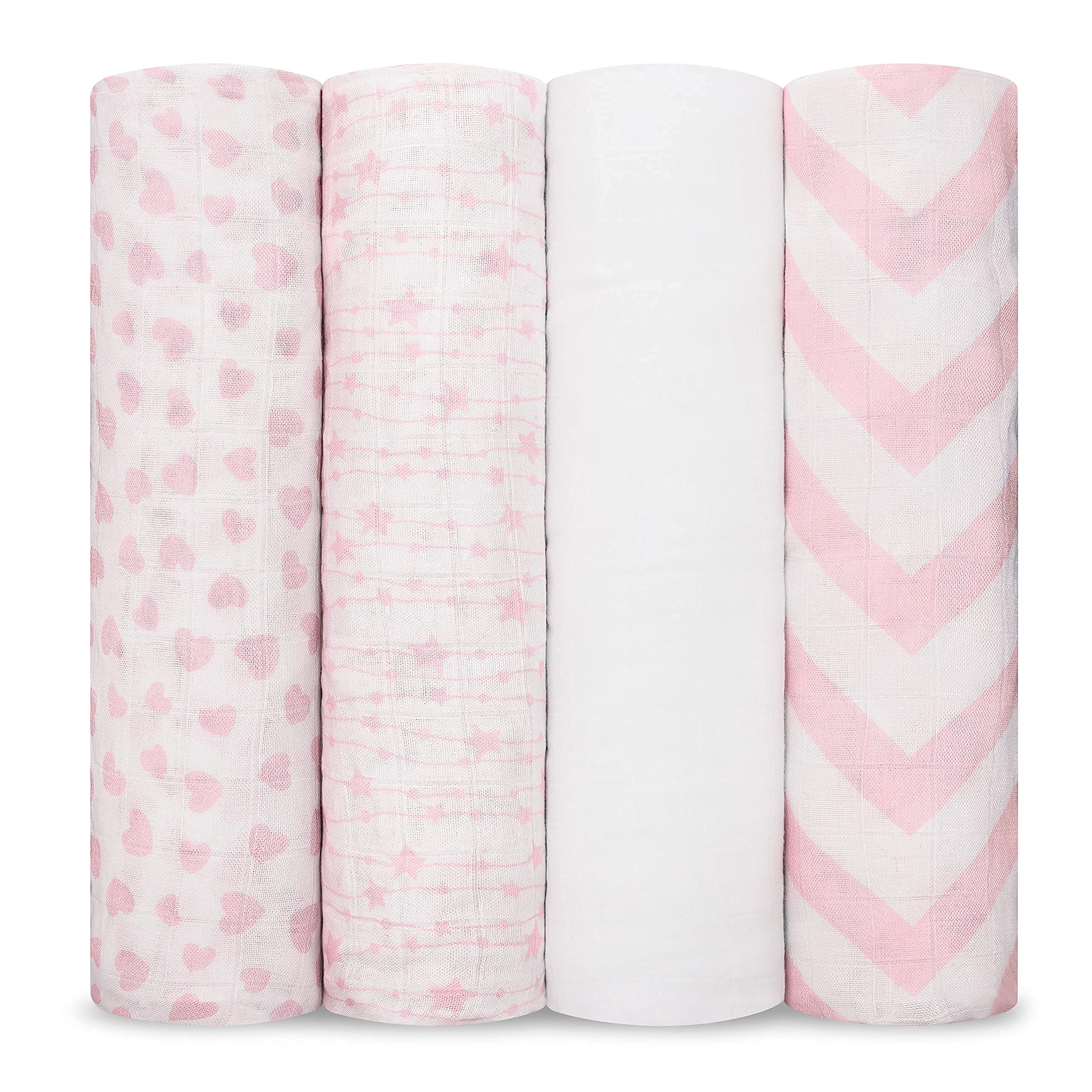 Comfy Cubs Muslin Swaddle Blankets Pack of 4-119 x 119 cm, Soft Cotton Baby Blanket Set, Large Swaddling Wraps for Newborns - Self-Soothing Baby Swaddle - Pink