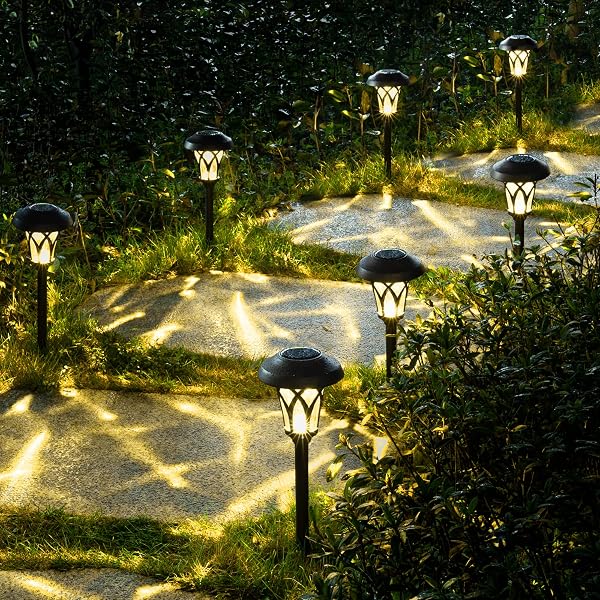 GIGALUMI 6 PACK SOLAR PATHWAY LIGHTS OUTDOOR, METAL GLASS & ABS SOLAR LANDSCAPE LIGHTS WATERPROOF IP65, WARM WHITE SOLAR POWERED GARDEN LIGHTS FOR YARD PATIO WALKWAY DRIVEWAY (BROWN)