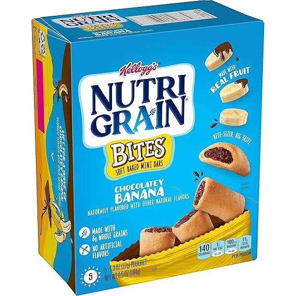 NUTRI-GRAIN BITES MINI BREAKFAST BARS, MADE WITH WHOLE GRAINS, KIDS SNACKS, CHOCOLATEY BANANA, 6.5OZ BOX (5 POUCHES)