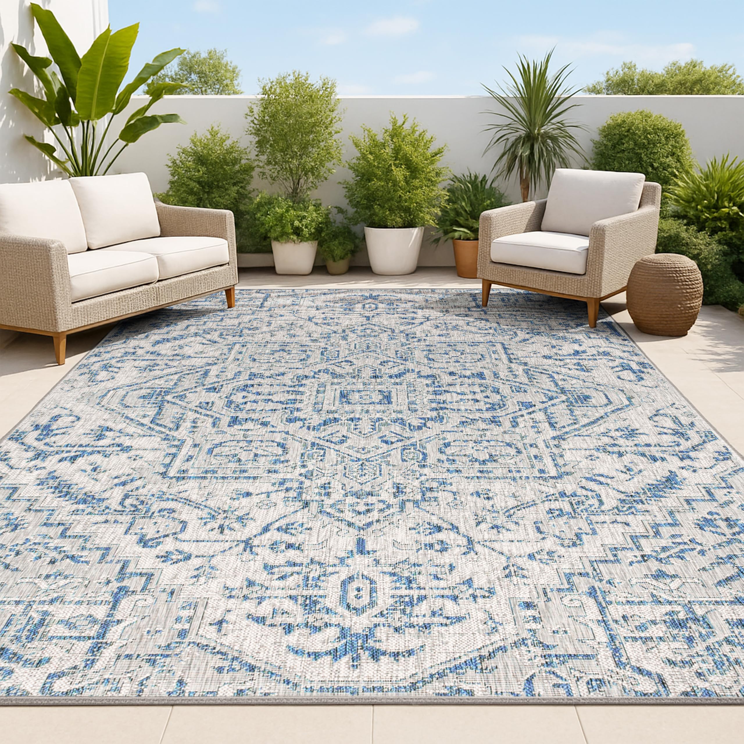 JONATHAN Y Boho Medallion Indoor Outdoor Area Rug 6X9 Navy/Gray, Estrella Textured Weave for Backyard, Patio, Porch, Easy-Cleaning, High Traffic, Pet-Friendly, Non-Shedding (SMB105B-6) Image
