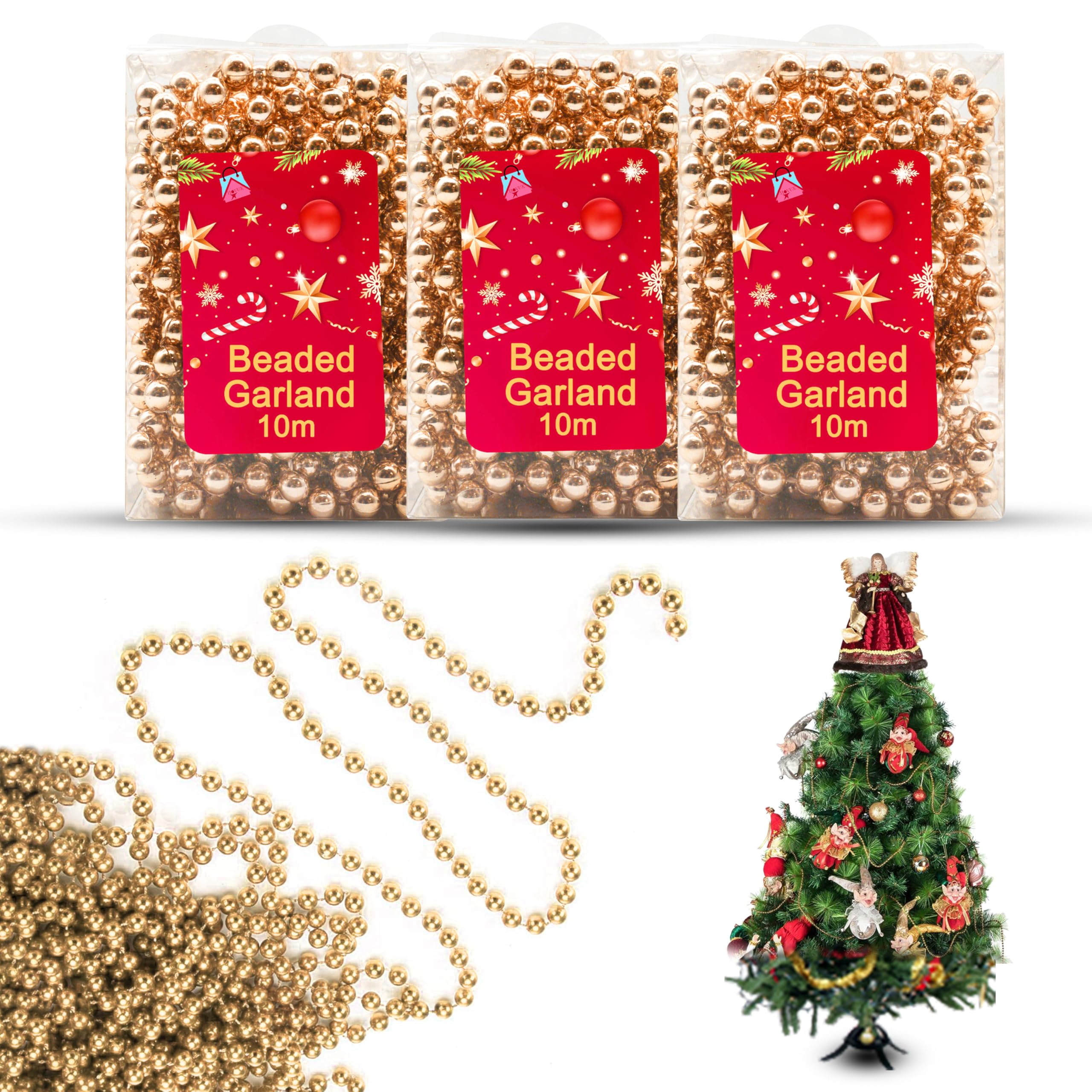 3x Rose Gold 10M Christmas Tree Beads Garlands, Metallic Bead Chain, Xmas Beaded Decoration for Home, Party, Indoor & Outdoor Use, DIY Crafts, Art and Jewellery Making