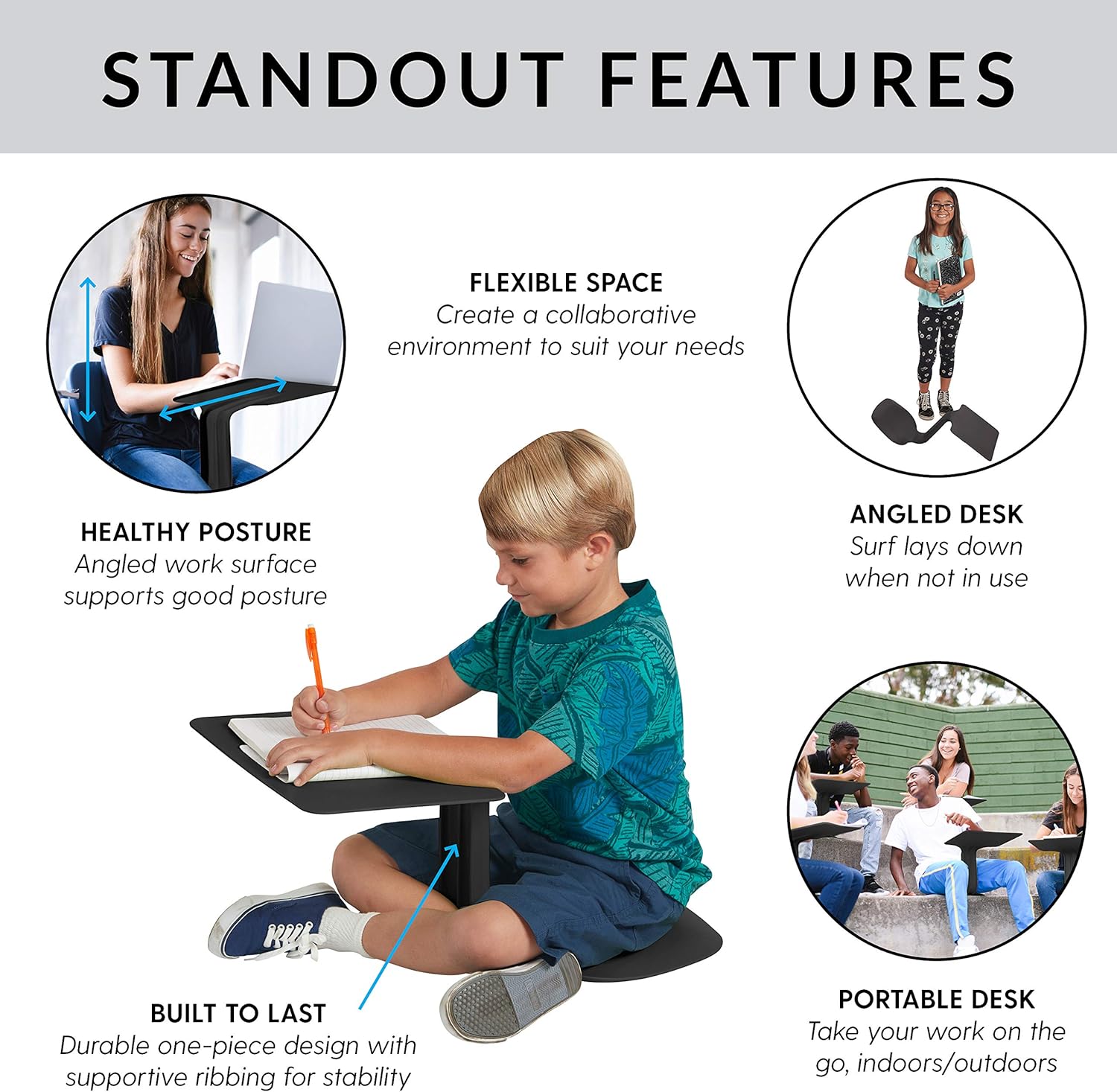 ECR4Kids The Surf Portable Lap Desk/Laptop Stand/Writing Table, Black