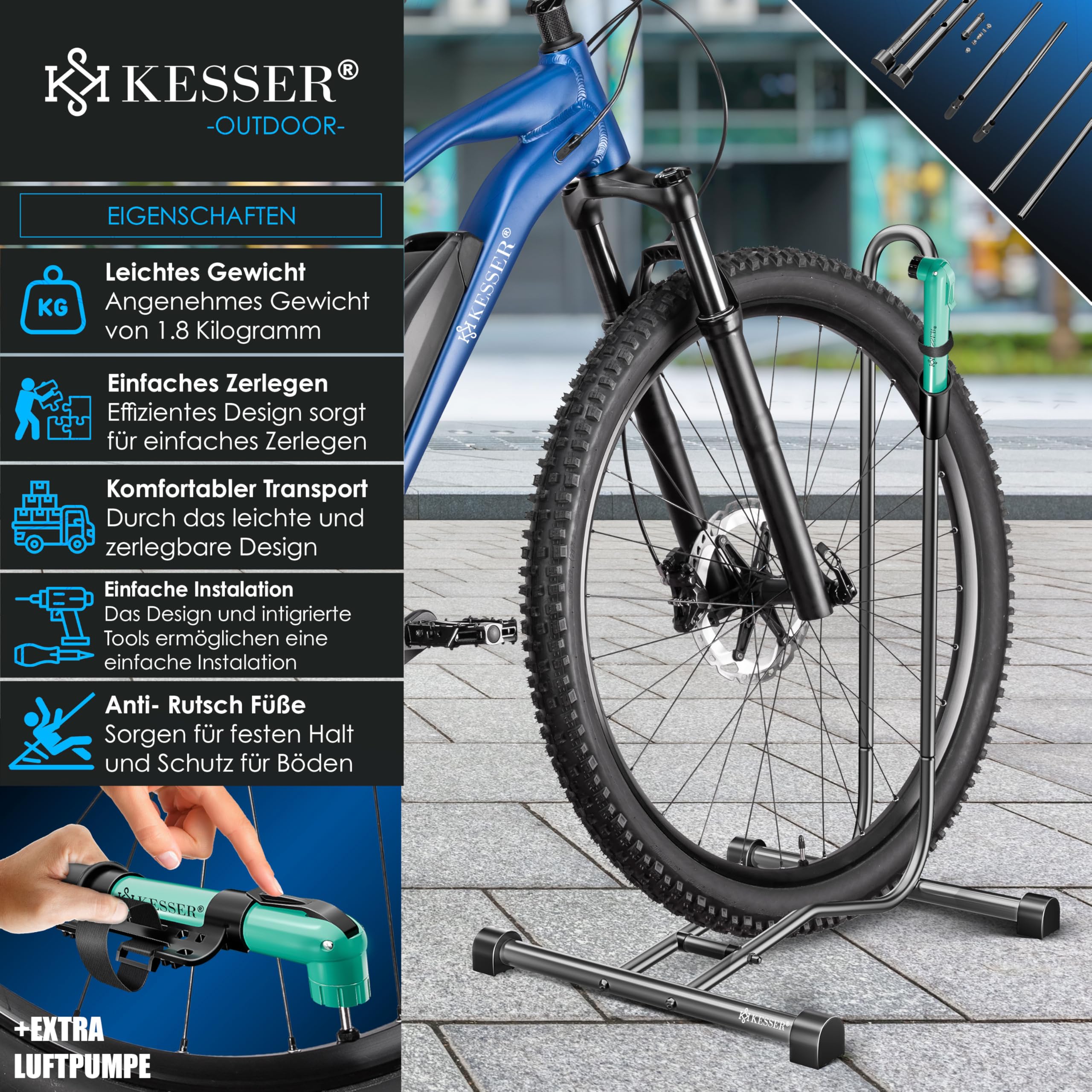 KESSER® Fahrradständer Boden einzeln für Mountainbike, E-Bike, Citybike, Rennrad, MTB | Fahrrad Montageständer | Freistehender Fahrradhalter Ständer Eisen | Reifenbreite bis 65mm | Inkl. Luftpumpe 2