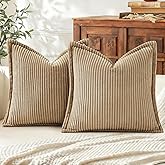 Mecatny Corduroy Throw Pillow Covers 18x18 Set of 2, Neutral Decorative Soft Boho Couch Pillow Covers with Broadside for Sofa Living Room, Khaki