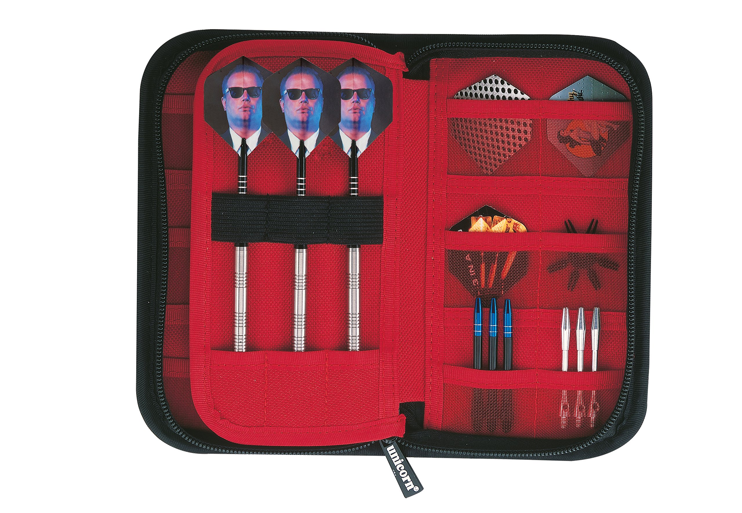 Unicorn Darts Wallet Case | Maxi | Holds 1 Fully Loaded Set of Darts | Versatile Elasticated Storage Capacity | 14 Accessory Pockets | Black & Silver | 3-Sided Zip Fastening