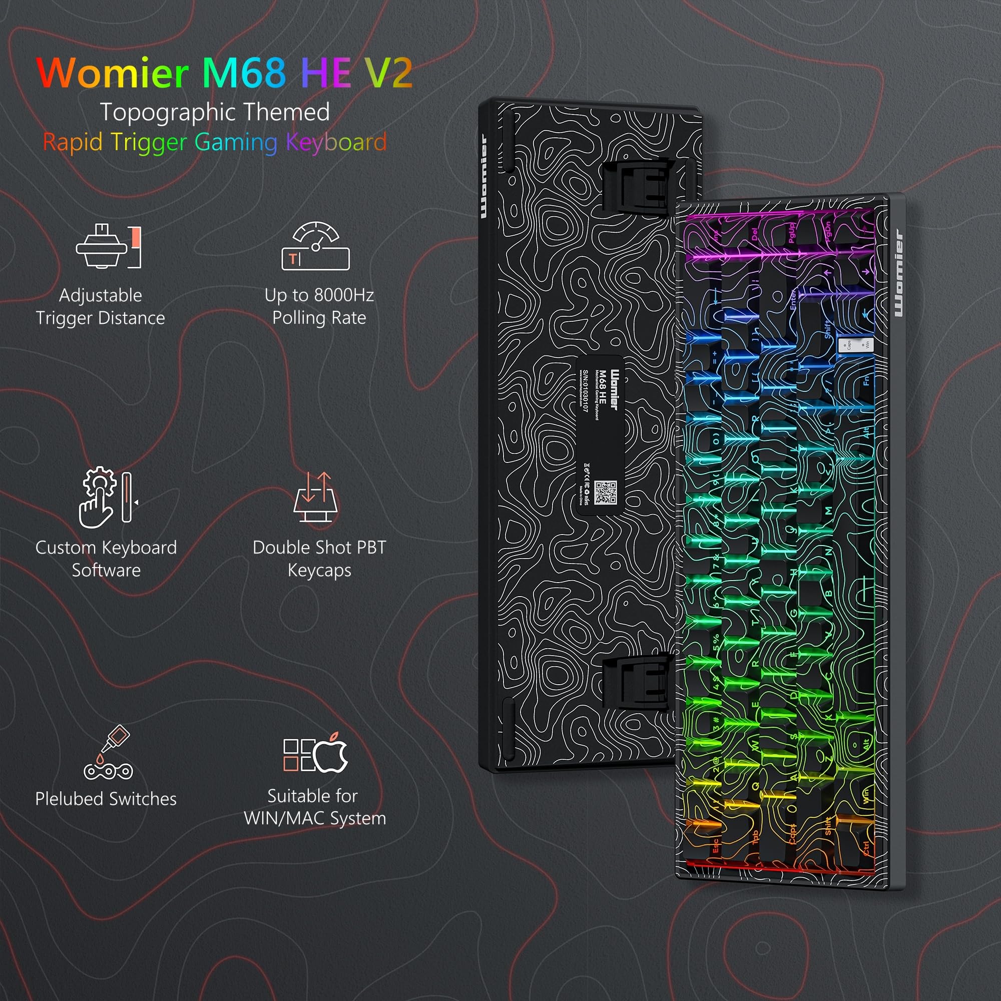 Womier M68 HE V2 Rapid Trigger Keyboard 60% Percent, Hall Effect Topographic Gaming Keyboard, Wired RGB Custom Mechanical Key Board with Magnetic Switch, PBT Keycaps for Mac/Win (Black)