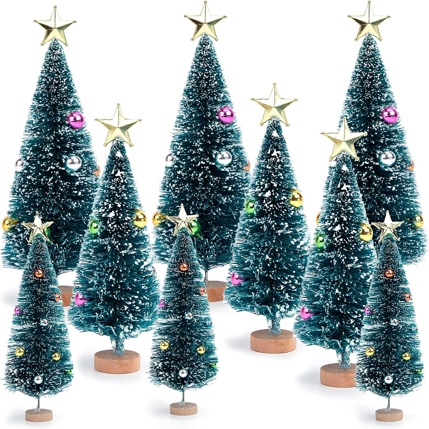 Tree Toppers - LOVEINUSA Bottle Brush Trees with Topper Ornaments, 9PCS Mini Christmas Trees Sisal Snow Frost Trees with Wood Base for Christmas DIY Decoration Table Top Decoration Diorama Tree Models