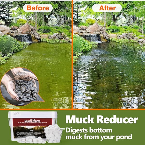 MUCK REDUCER NATURAL POND SLUDGE REMOVER 10 LB (20 SCOOPS) POND TABLETS TREATS 2.5 ACRES MUCK REMOVAL FOR PONDS & LAKES, WATER GARDEN,FOUNTAIN AWAY ODOR CONTROL,SAFE FOR FISH,AQUATIC LIFE,WILDLIFE,PET
