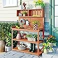 Polibi Potting Bench Table with 4 Storage Shelves and Side Hook, 65" Large Wooden Farmhouse Rustic Outdoor Patio Workstation, Garden Potting Bench with Splash Plate