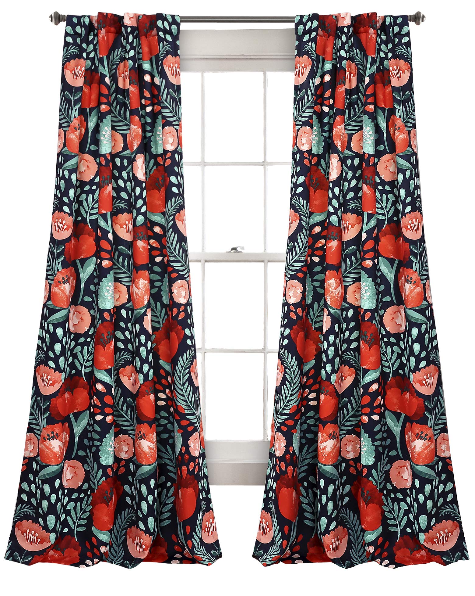 Lush Decor Poppy Garden Curtains Room Darkening Window Set for Living, Dining, Bedroom, 84 in L Panel Pair, Navy — image 1