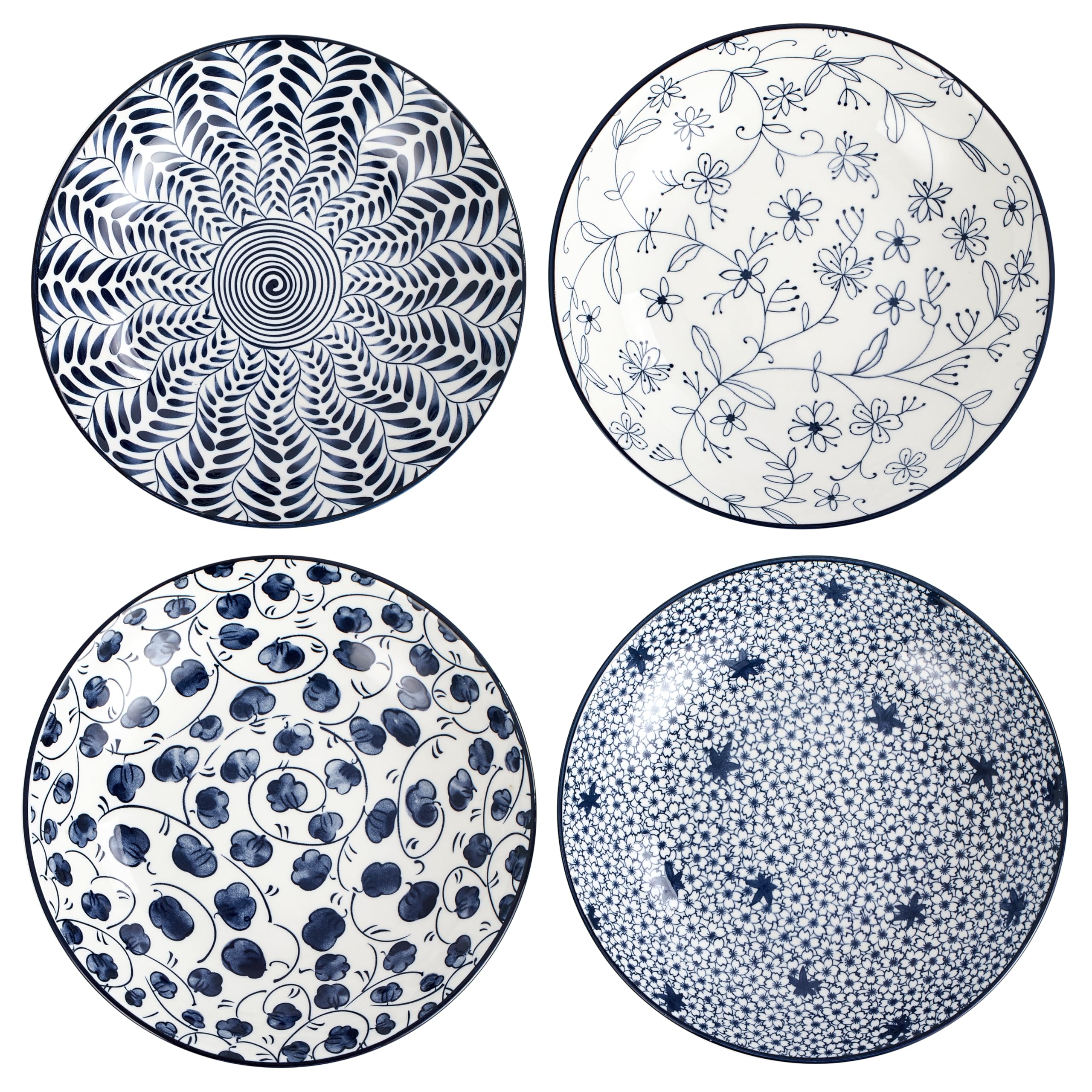 Swuut Ceramic Pasta Bowls Set,Blue and White Salad Bowl 20cm Dinner Shallow Plates Set of 4,Serving Appetizer Dessert Snack (8 Inch x 4pcs)