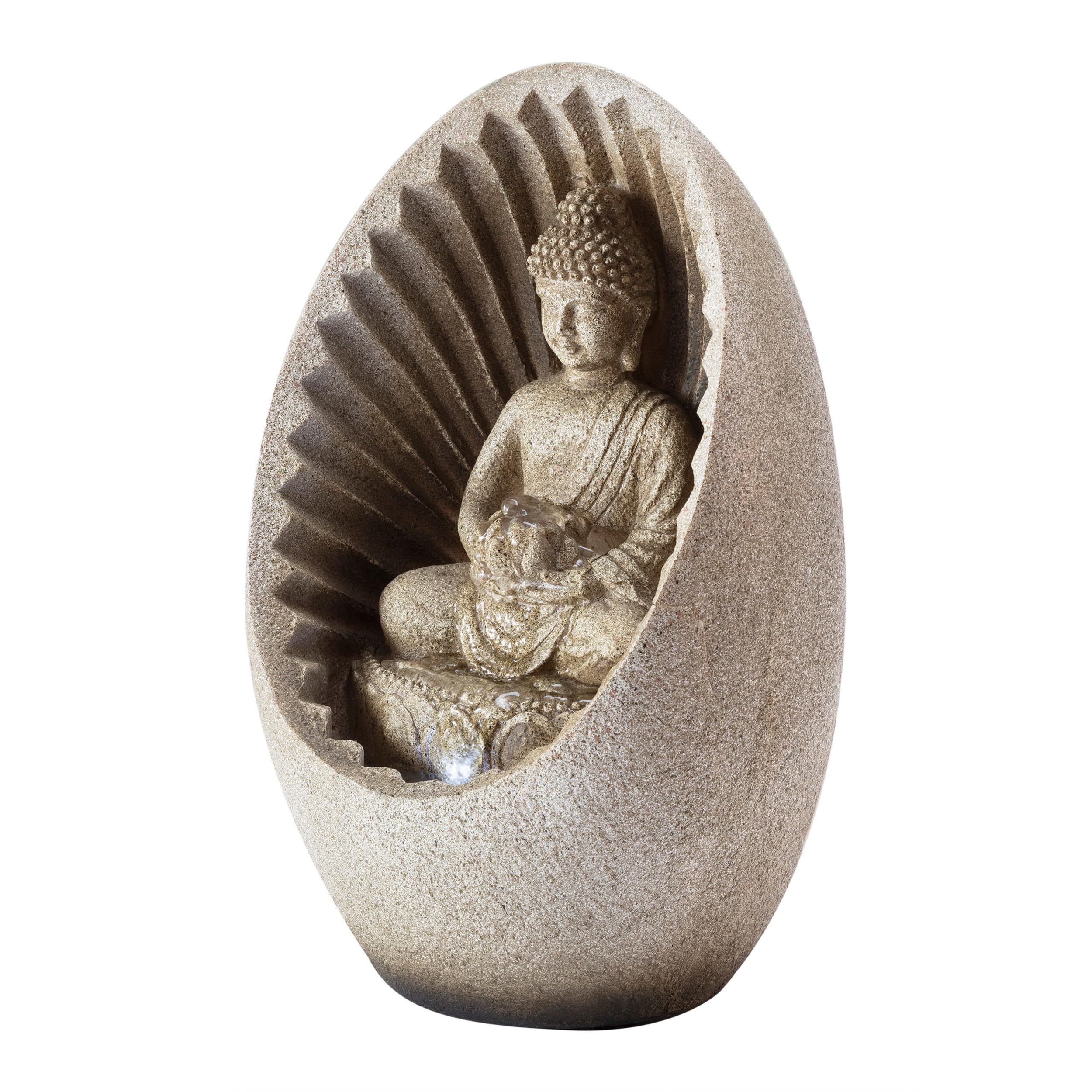 Photo 1 of Alpine Corporation WIN322 Indoor/Outdoor Tabletop Buddha Fountain with LED Lights, Soothing Buddha Garden Fountain 11", Beige