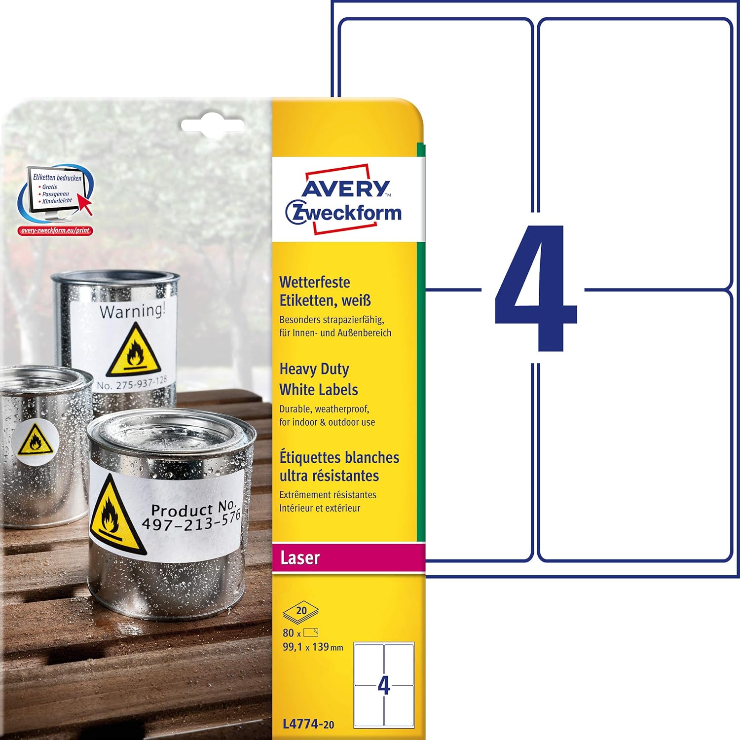 Laser Inkjet Kopierer Klebeetiketten DIN A4 weiß 99,1x139mm 10 Blatt