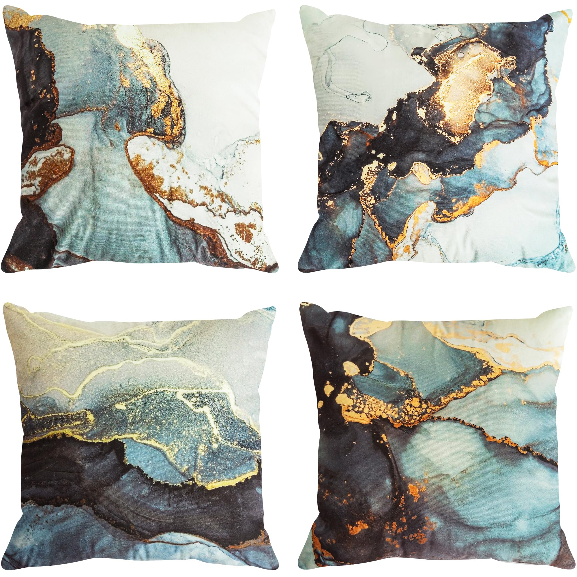 TOMMO Set of 4 Cushion Covers 45x45cm Marble Texture Black and Gold Silver Decorative Luxury Abstract Fluid Art Ink Soft Velvet Home Decor Standard Square Cushion Covers 18x18 Inches