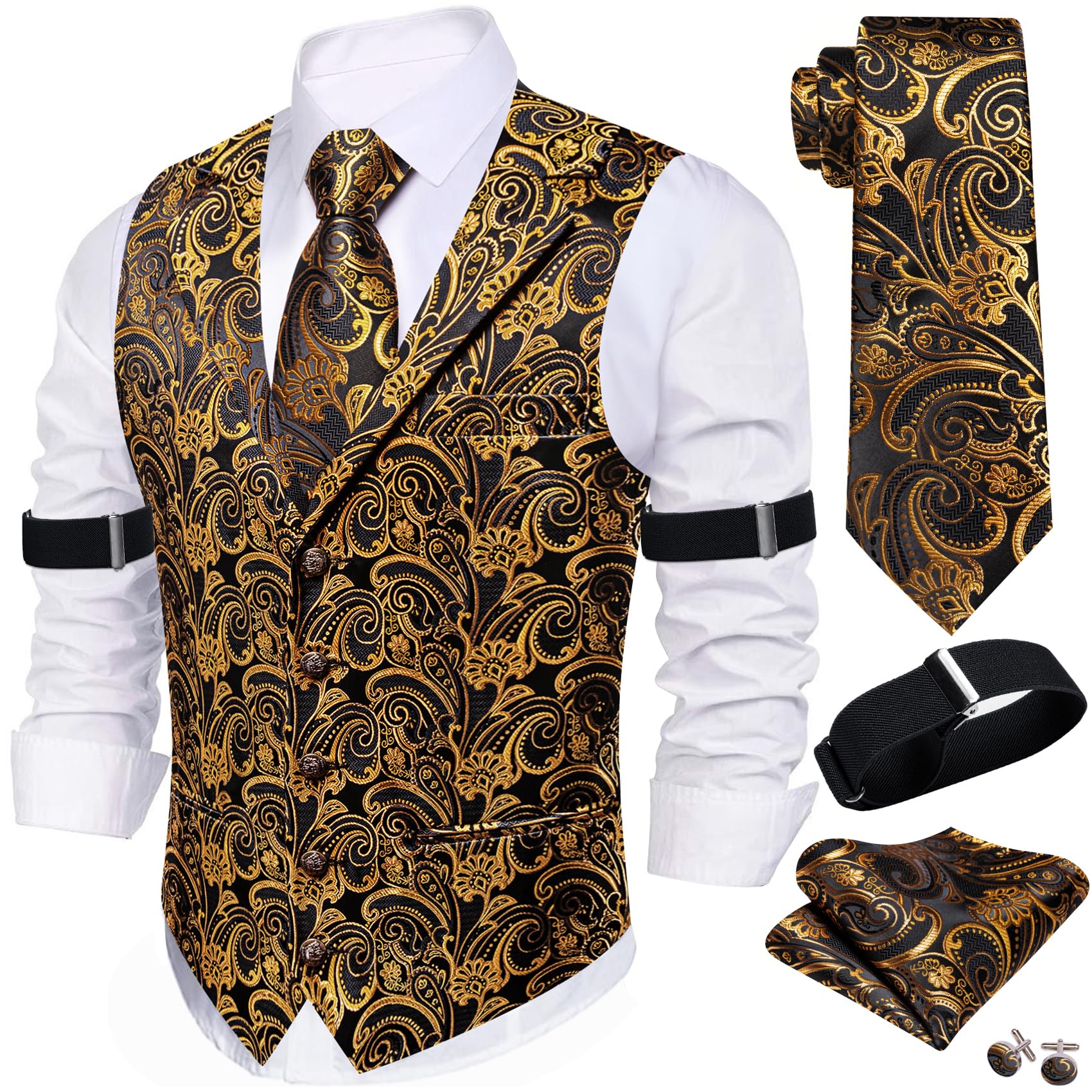 Barry.Wang Black Gold Mens Vest Tie Sleeve Holder Set Silk Lapel Collar Formal/Casual Flower Vests Wedding Tuxedo Waistcoat Image