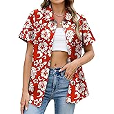 NQIQO Hawaiian Shirts for Women Floral Short Sleeve Button Down Shirt Summer Tropical Beach Tops