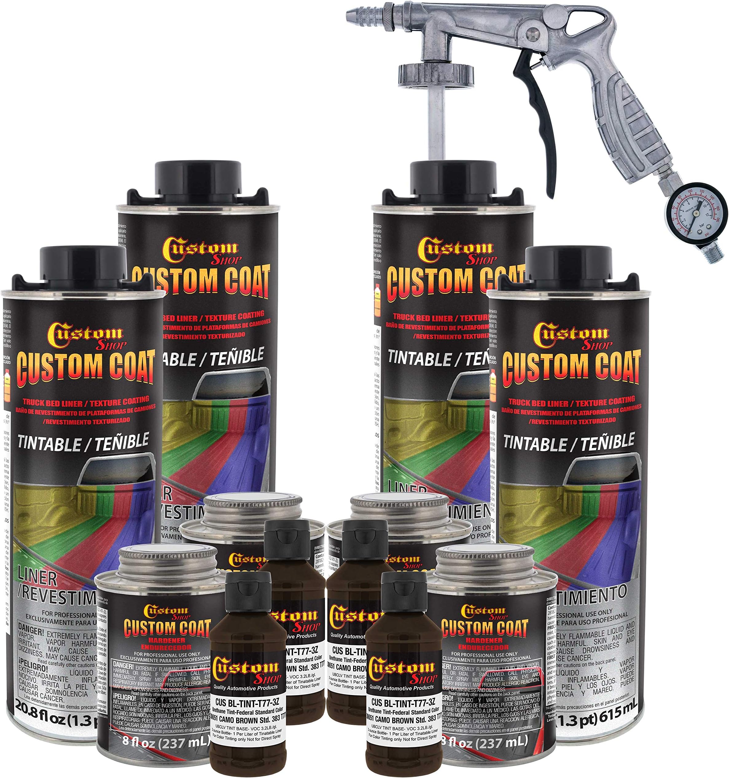 Custom Coat Federal Standard Color # 30051 Camo Brown T77 Urethane Spray-On Truck Bed Liner, 1 Gallon Kit with Spray Gun and Regulator - Durable Textured Protective Coating - Easy Mix Car Auto