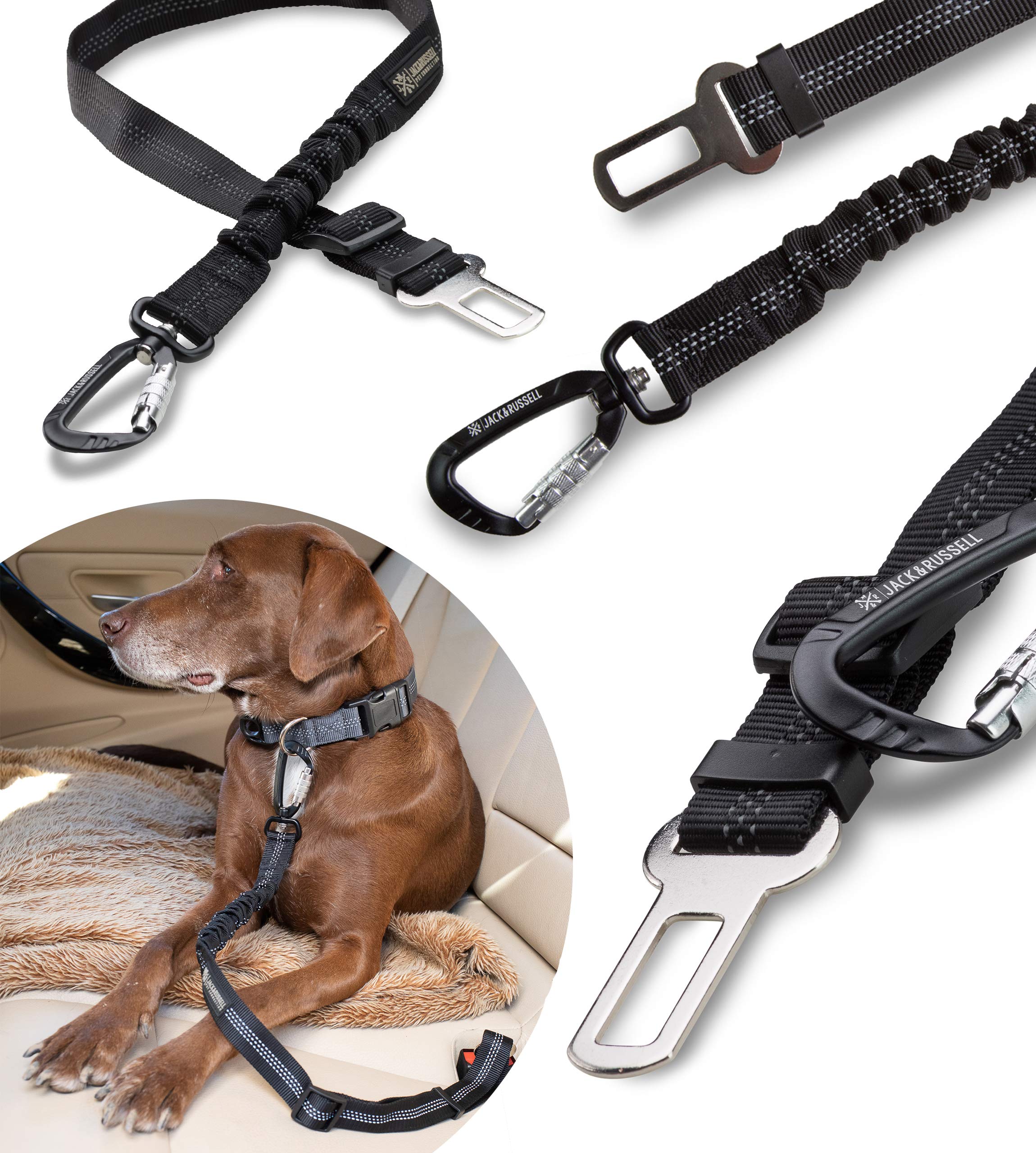 Jack & Russell Premium Seatbelt Oskar flexible with jerk damper - Car Dog Seatbelt - Seatbelt with Premium Twist Lock Carabiner - incl. Jute bag (Black)