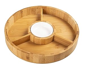 Strova 12 Inch Organic Bamboo Chip and Dip Serving Platter Set w/Ceramic Dip Bowl | Round Chips Bowl Appetizer Server for Event Use | Salsa, Taco Chip, Guacamole, and Snacks Serving Tray