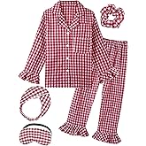 ALHAVONE Kids Gingham Pajamas for Girls Ruffle Puff Sleeve Pajama Set Long Cute Plaid PJs Button Down Sleepwear Lounge Set