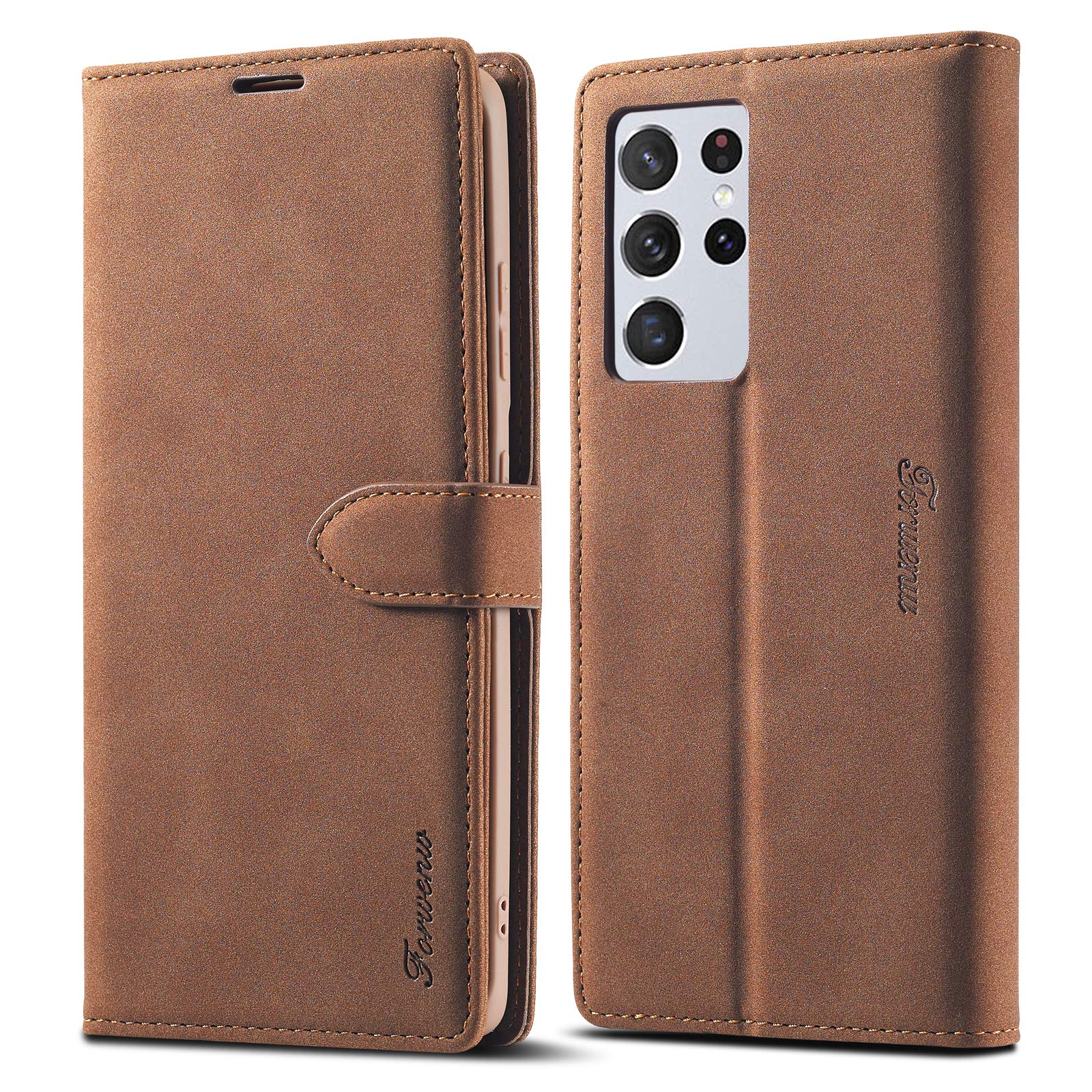 EYZUTAK Case for Samsung Galaxy S21 Ultra 5G, Vintage Wallet Folio Flip Cover Full Coverage Premium Leather Case with Magnetic Closure Kickstand Card Slots - Brown