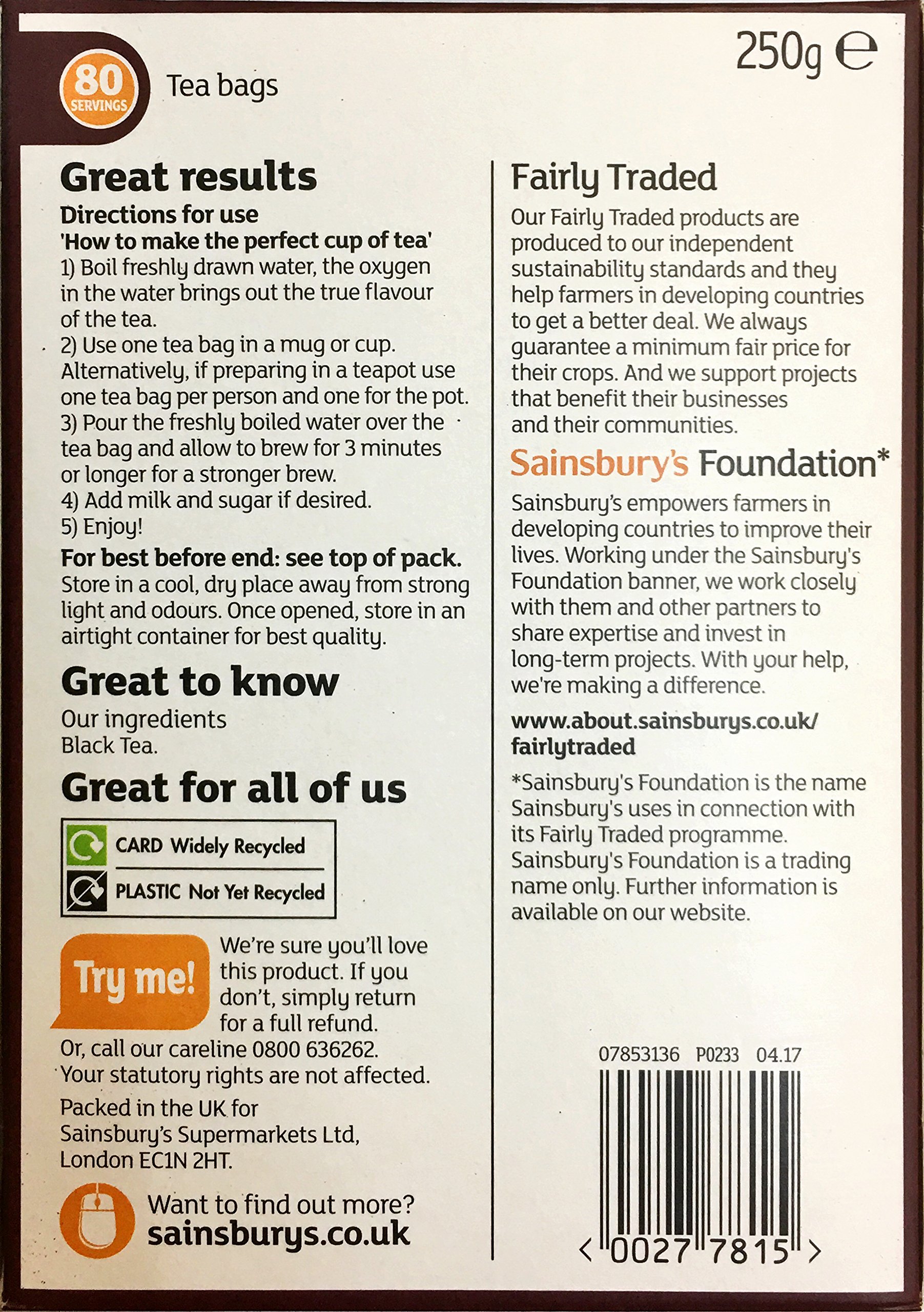 Sainsbury's Extra Strong Red Label Tea 80 Bags 250g Fairly Traded Tea