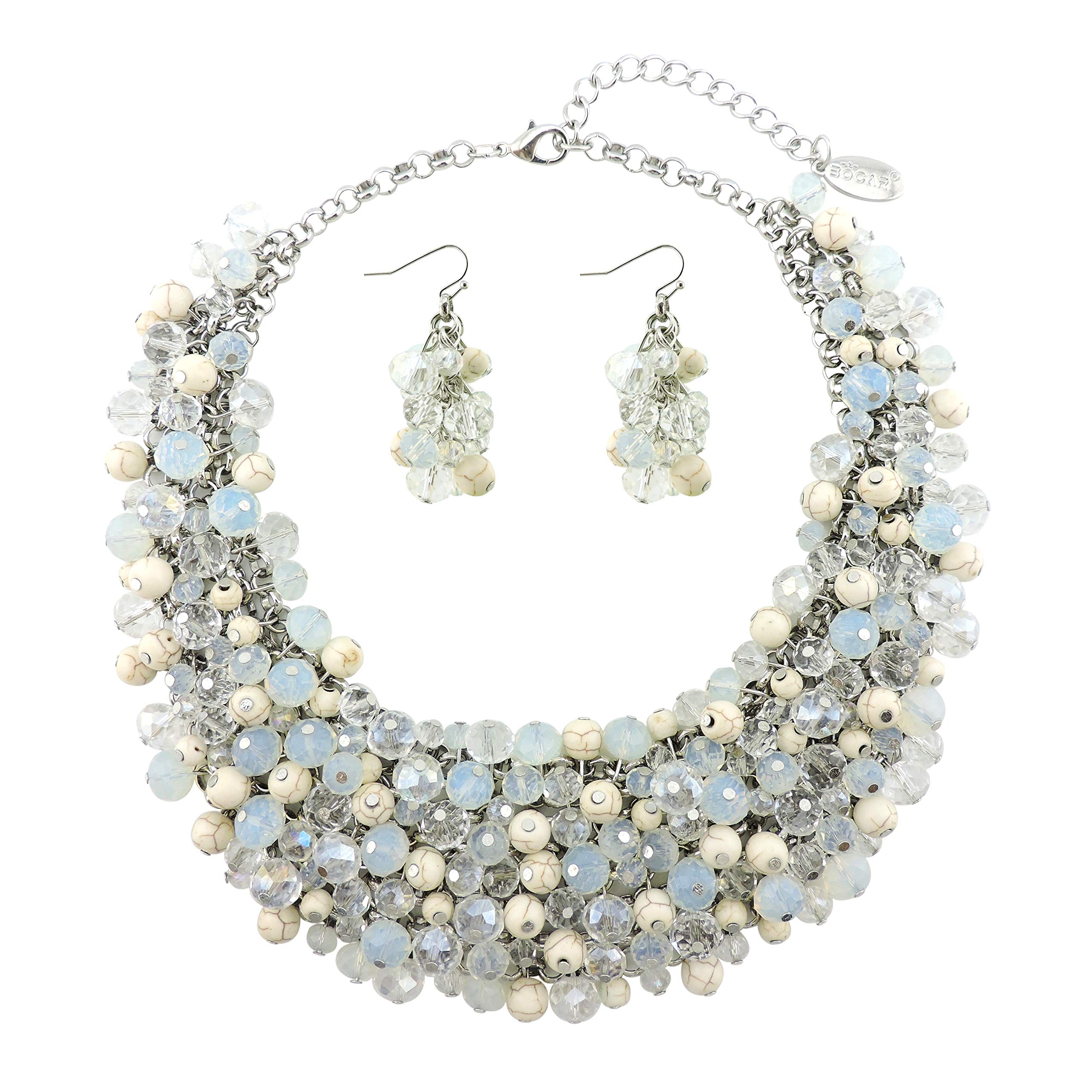 Bocar Fashion Crystal Chunky Collar Statement Necklace Earring Set for Women Gift (NK-10260-White) — image 1