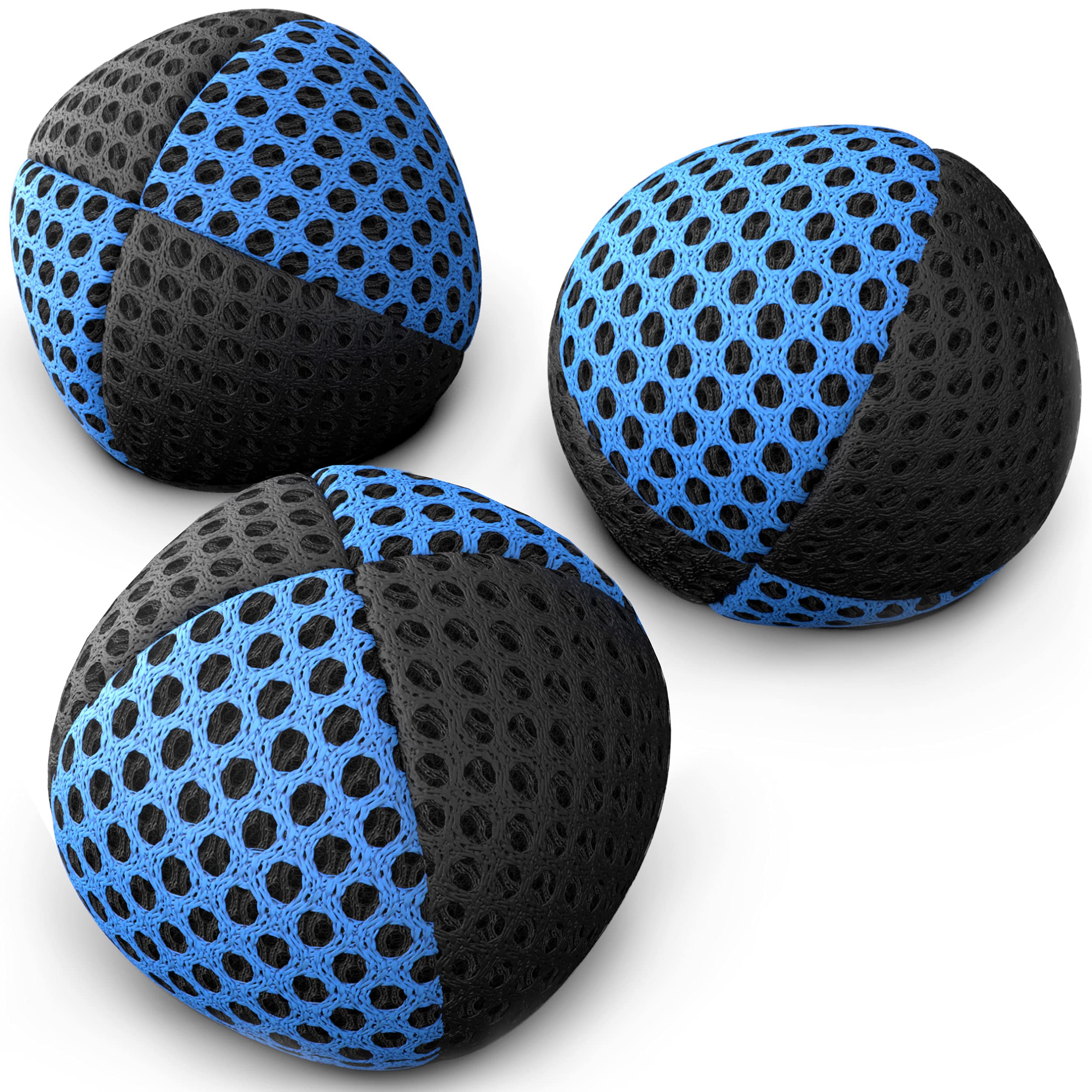 speevers Juggling Balls Professional Set of 3 Fresh Design Xballs, 12 Beautiful Colors Available, Juggle Balls for Beginners, Kids, Adults, 2 Layers of Net 4 Panels Carry Case (90g, Black - Blue)