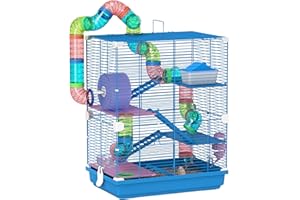PawHut 5 Tiers Hamster Cage Portable Animal Travel Carrier Habitat with Exercise Wheels Play Tube Water Bottle Dishes House L