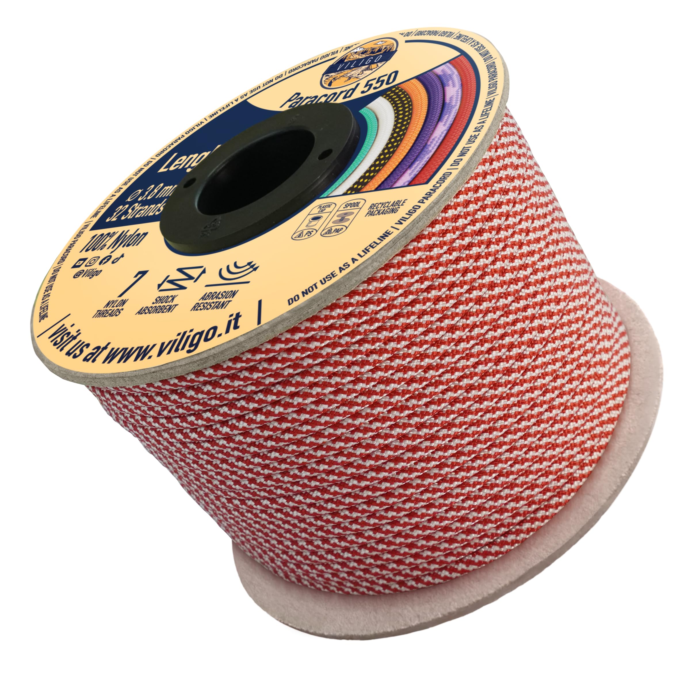 VILIGO Paracord 550 - Type III (3.8 mm) - Nylon Braid, 7 Inner Strands, Ideal for Camping, DIY Projects, Bracelet Making and Accessories (15 m, Fire Cracker)