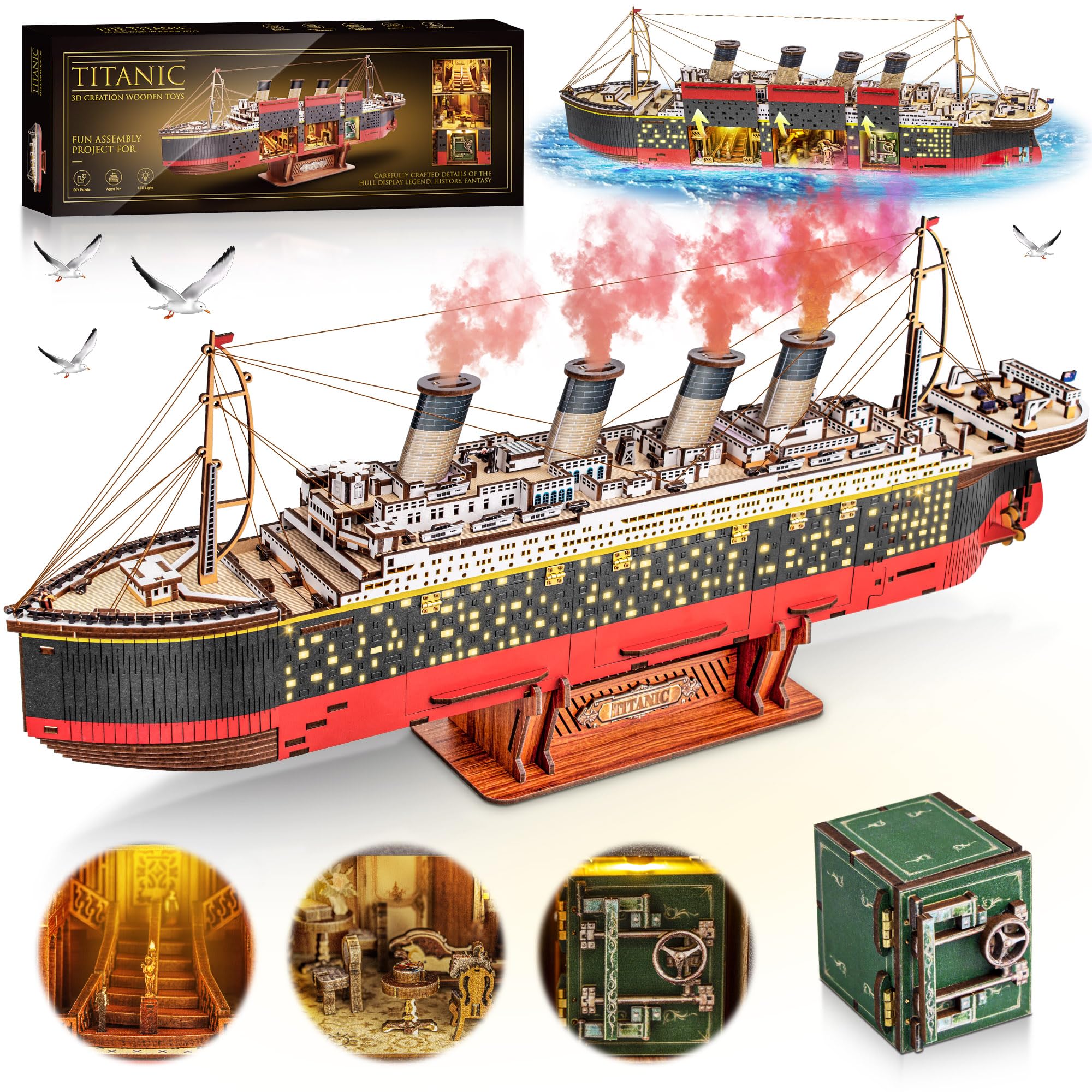 Photo 1 of Titanic 3D Wooden Puzzles for Adults with LED Light, Home Decoration Titanic Model Kits for Adults, Sailboat Hobbies for Men, Christmas Birthday DIY Miniature Kit Gift for Adults Teens