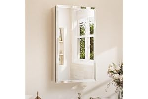 TETOTE 15 x 26 Bathroom Mirror with Storage with Tempered Beveled Mirror Silver Medicine Cabinet Aluminum Cabinet DTC Hinges, Stepless Adjustable Shelves, Recessed/Surface-Mounted