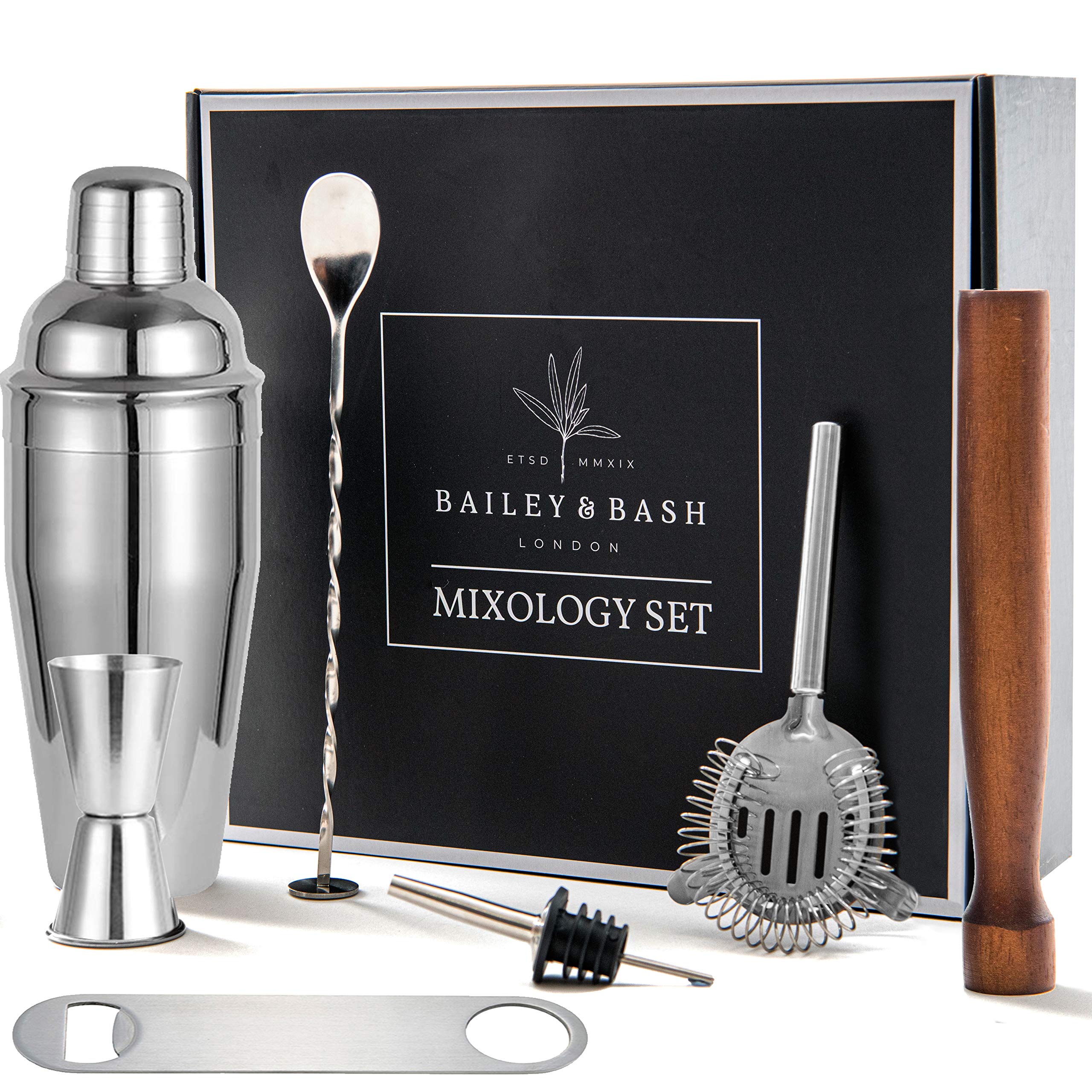 Bailey & Bash Cocktail Making Set: Mixology Kit Stainless Steel Manhattan Shaker, Muddler, Strainer, Bar Measure, Pourer, Spoon and Bottle Opener in Gift Box. Essentials for Bartending and Home bar.